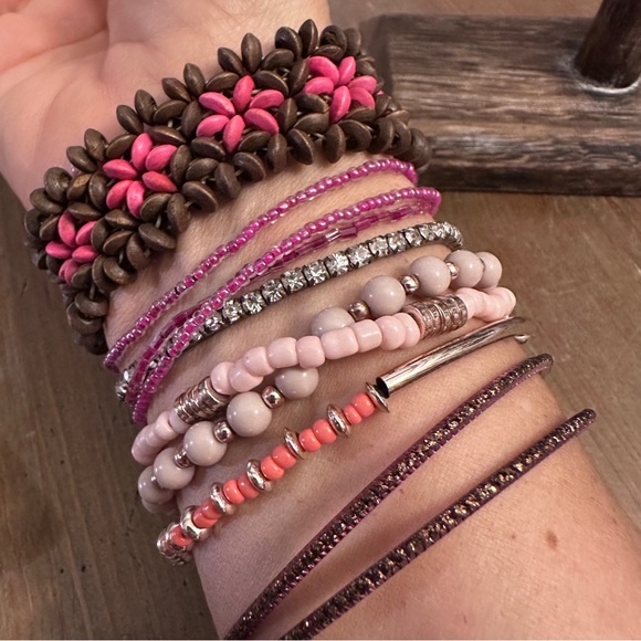 Pink and Brown Beaded Bracelet Bangle Set - Picture 7 of 10